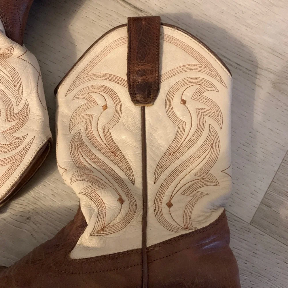 Rank 45‎ Kids Brown Cream Leather Western Cowboy Boots Square Toe